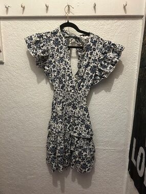 Navy Floral Smocked Mini Dress with Ruffle Sleeves